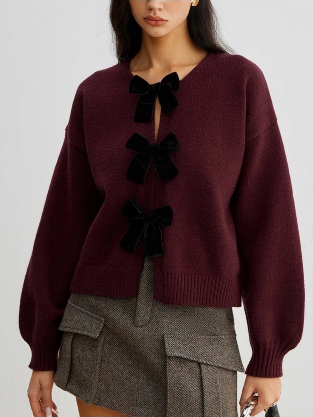 Commense Burgundy Crewneck Cardigan with Black Velvet Bows